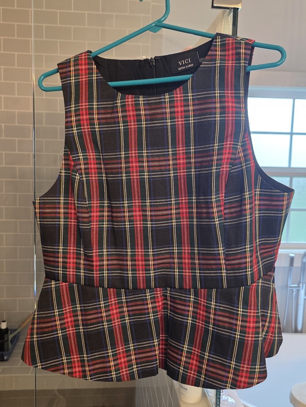 VICI Black Plaid Peplum Top with Red and Yellow Accents